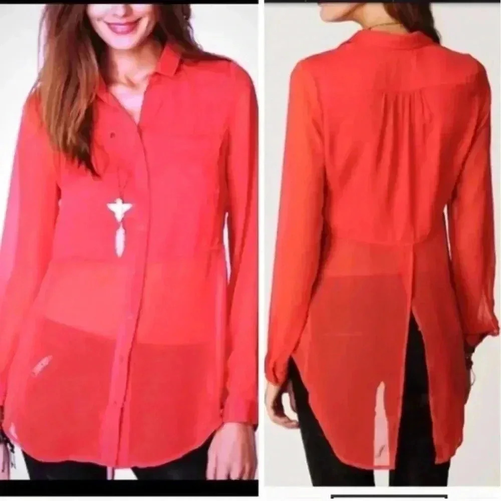 Free People Women’s S Red Button-Down Tulip Back Blouse w/Sheer Sleeves/Bottom